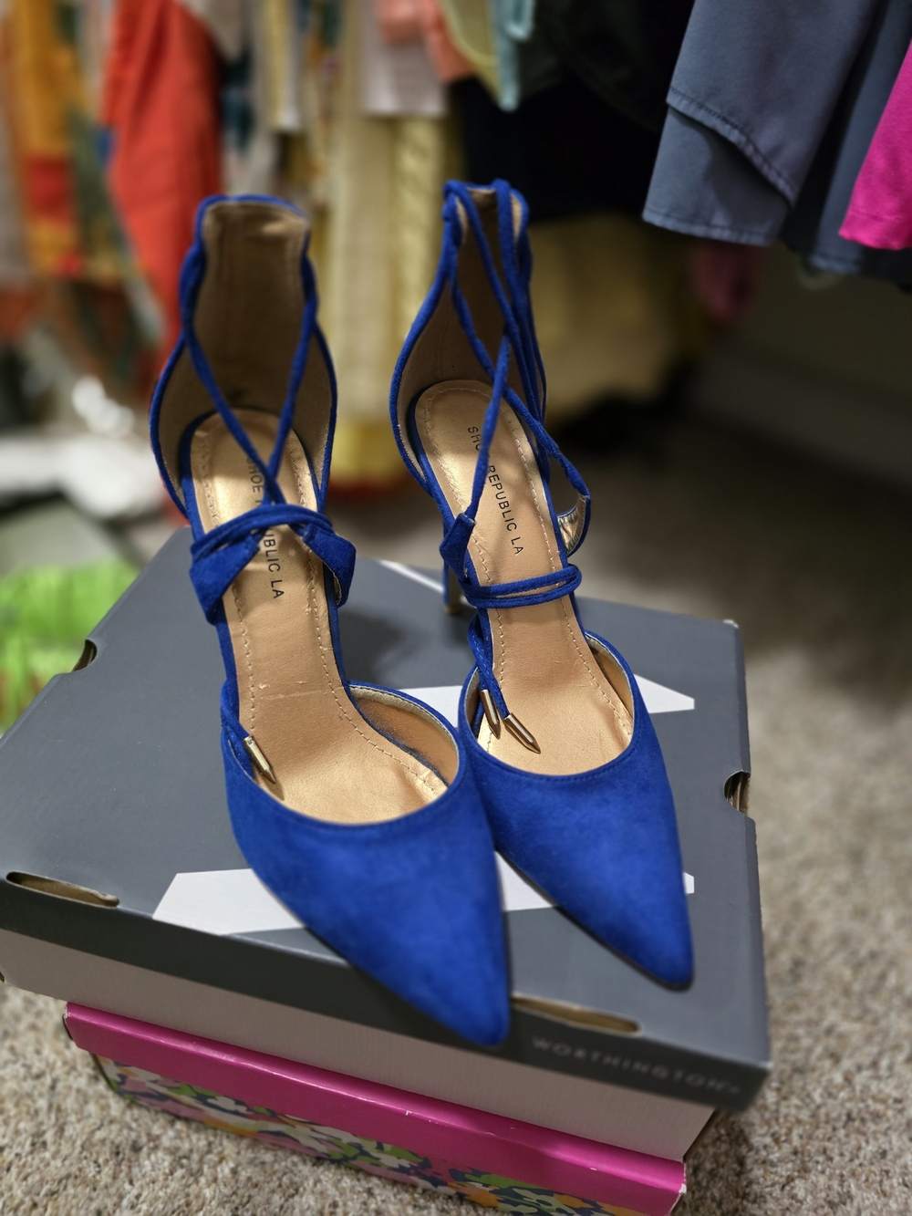 Shoe Republic LA Cobalt Blue Suede Pointed-Toe Lace-Up Heels